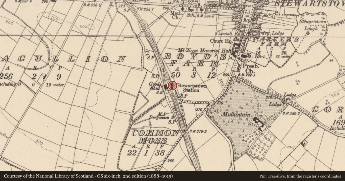 Ordnance Survey six-inch map, 2nd edition (1888–1915) covering the location of Former Railway Station, Chambre Park, Dungannon, Co Tyrone, BT71 5JB, Boyd's Farm, Mid Ulster, with a pin at the register's coordinates