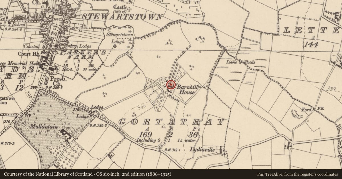 Ordnance Survey six-inch map, 2nd edition (1888–1915) covering the location of Barnhill House, 16 Lisaclare Road, BT71 5AA, Mid Ulster, with a pin at the register's coordinates