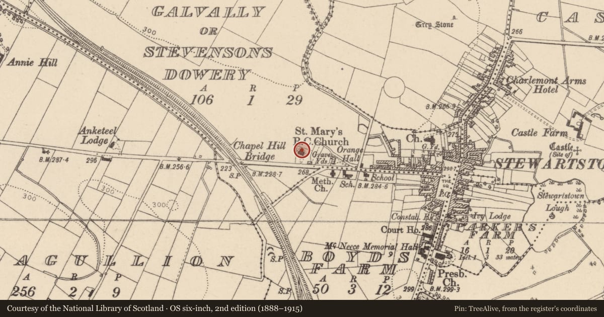 Ordnance Survey six-inch map, 2nd edition (1888–1915) covering the location of St Mary's Roman Catholic Church, Galwally or Stevensons Dowery, Mid Ulster, with a pin at the register's coordinates