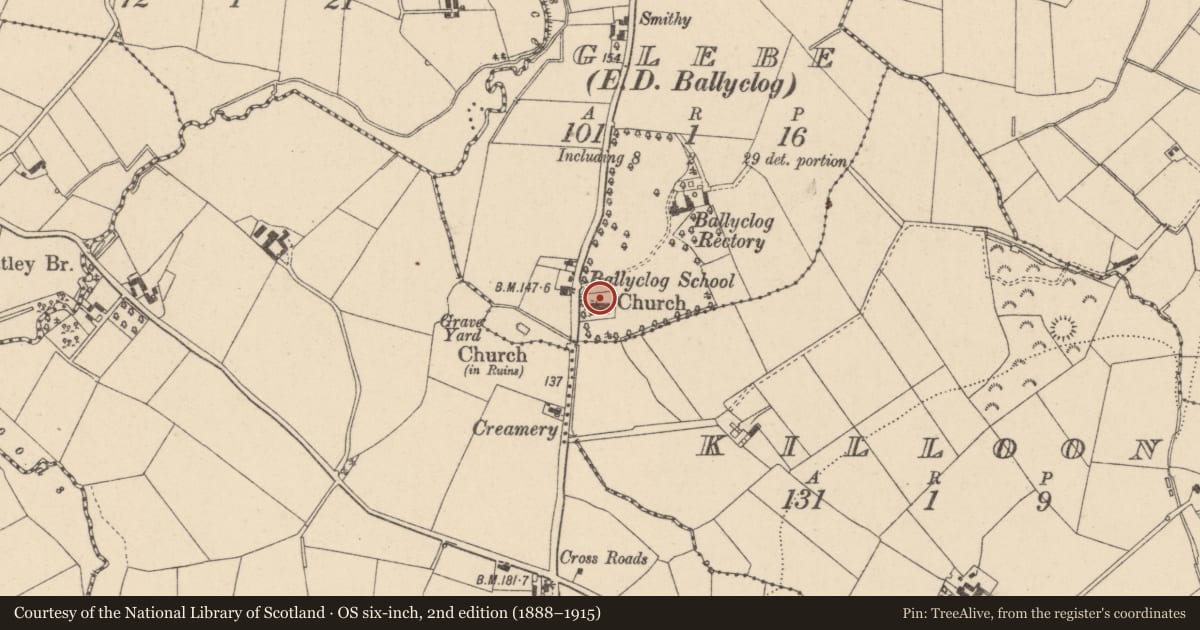 Ordnance Survey six-inch map, 2nd edition (1888–1915) covering the location of St Patrick's Church of Ireland, Glebe (Ballyclog), Mid Ulster, with a pin at the register's coordinates