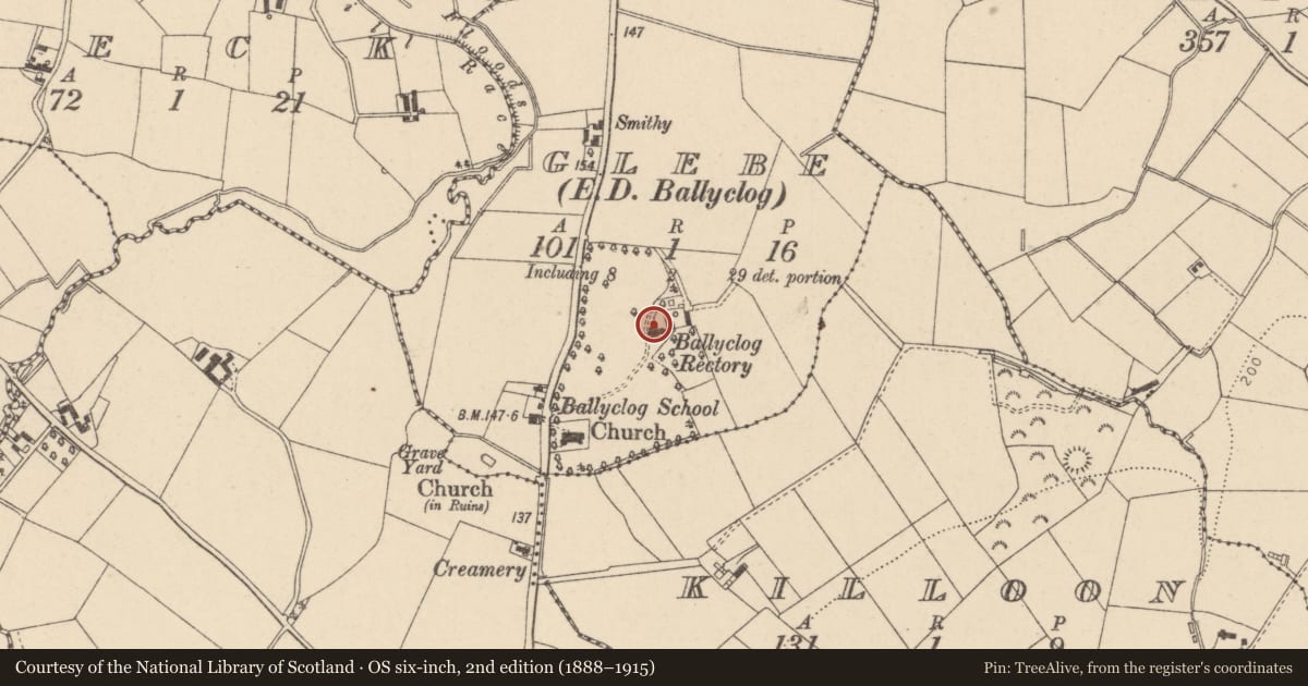 Ordnance Survey six-inch map, 2nd edition (1888–1915) covering the location of Ballyclog House, Mid Ulster, with a pin at the register's coordinates