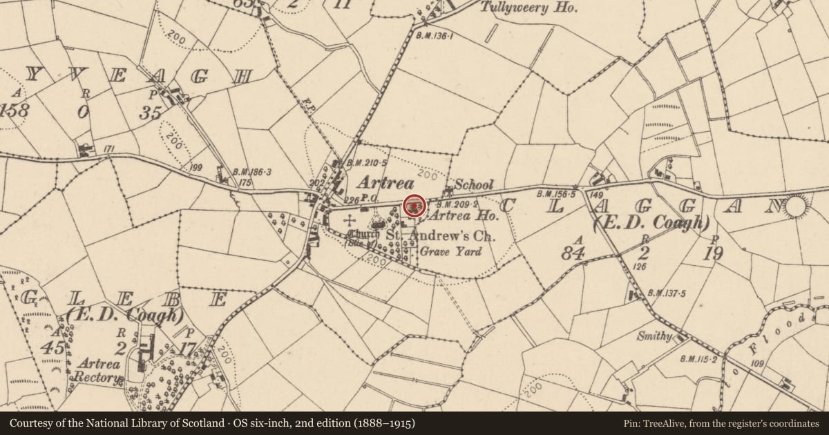 Ordnance Survey six-inch map, 2nd edition (1888–1915) covering the location of Ardtrea House, Tullyraw, Mid Ulster, with a pin at the register's coordinates