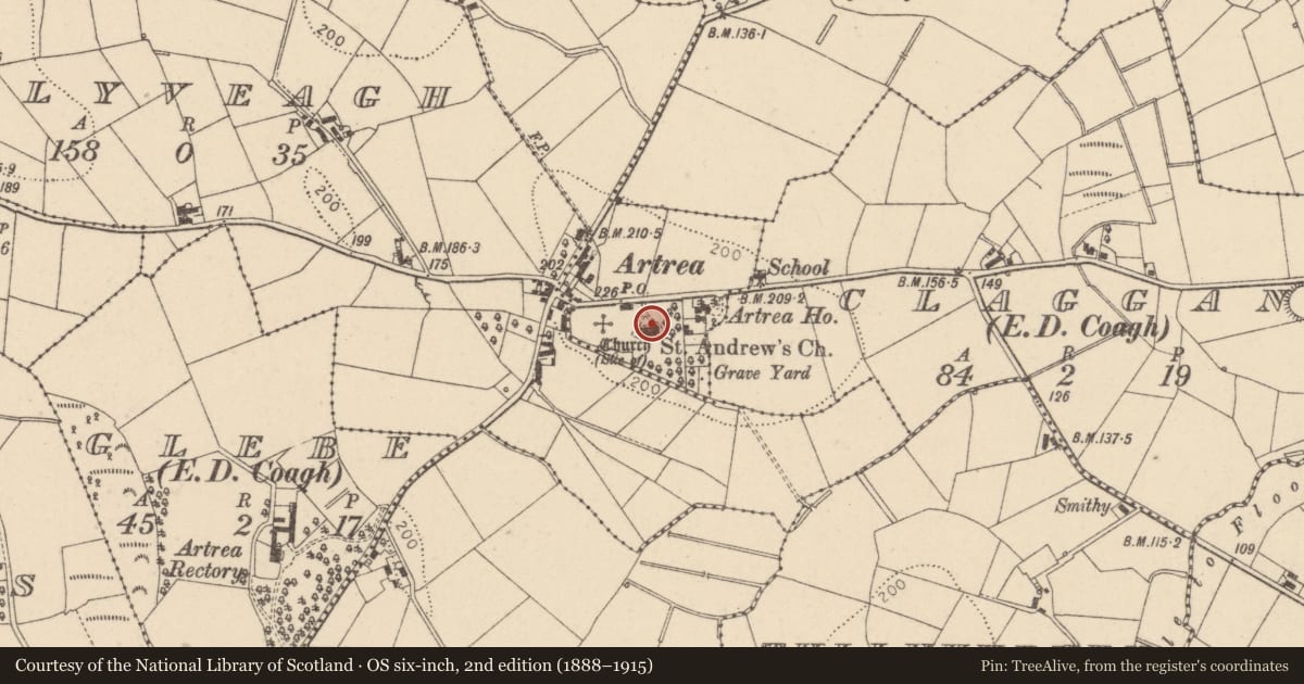 Ordnance Survey six-inch map, 2nd edition (1888–1915) covering the location of St Andrew's Church of Ireland, Tullyraw, Mid Ulster, with a pin at the register's coordinates