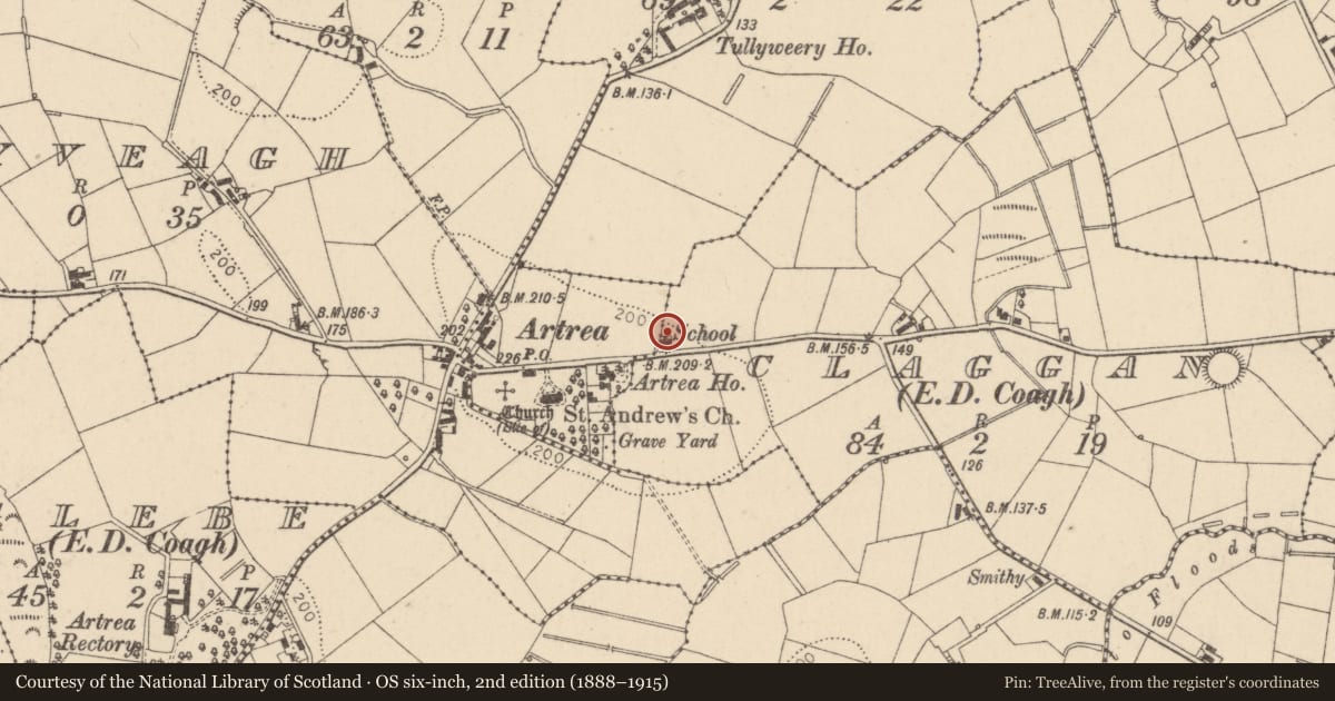 Ordnance Survey six-inch map, 2nd edition (1888–1915) covering the location of St Andrew's Church of Ireland Hall, Claggan, Mid Ulster, with a pin at the register's coordinates