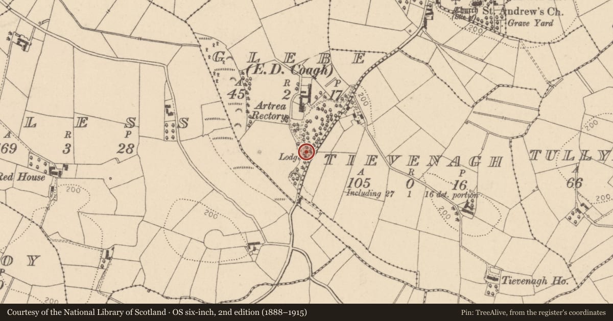Ordnance Survey six-inch map, 2nd edition (1888–1915) covering the location of Gate Lodge, Glebe (Ardtrea), Mid Ulster, with a pin at the register's coordinates