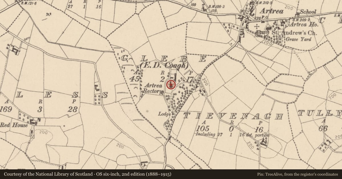 Ordnance Survey six-inch map, 2nd edition (1888–1915) covering the location of Tievena House, 50 Knockanroe Road, Dungannon, Co Tyrone, BT71 5LXY, Glebe (Ardtrea), Mid Ulster, with a pin at the register's coordinates
