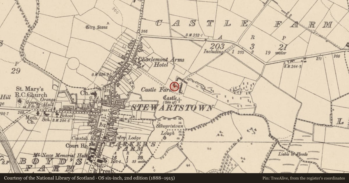 Ordnance Survey six-inch map, 2nd edition (1888–1915) covering the location of Castle Farm, 15 Castlefarm Road, Stewartstown, Castel Farm, Mid Ulster, with a pin at the register's coordinates
