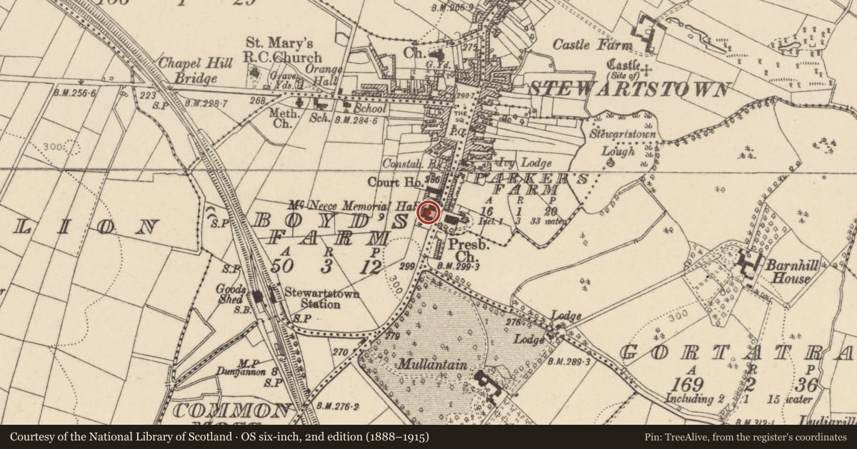 Ordnance Survey six-inch map, 2nd edition (1888–1915) covering the location of Hall, 21 Hillhead Road, Stewartstown, Dungannon, BT71 5HY, Boyd's Farm, Mid Ulster, with a pin at the register's coordinates