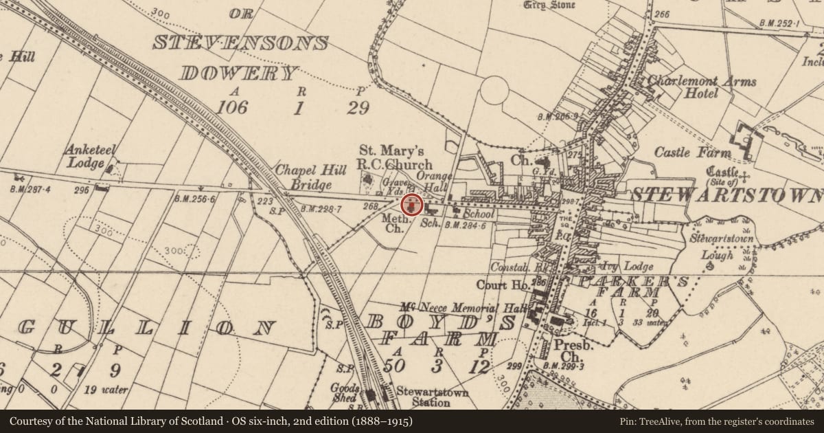 Ordnance Survey six-inch map, 2nd edition (1888–1915) covering the location of Baptist Church, West Street, Stewartstown, BT71 5HT, Boyd's Farm, Mid Ulster, with a pin at the register's coordinates
