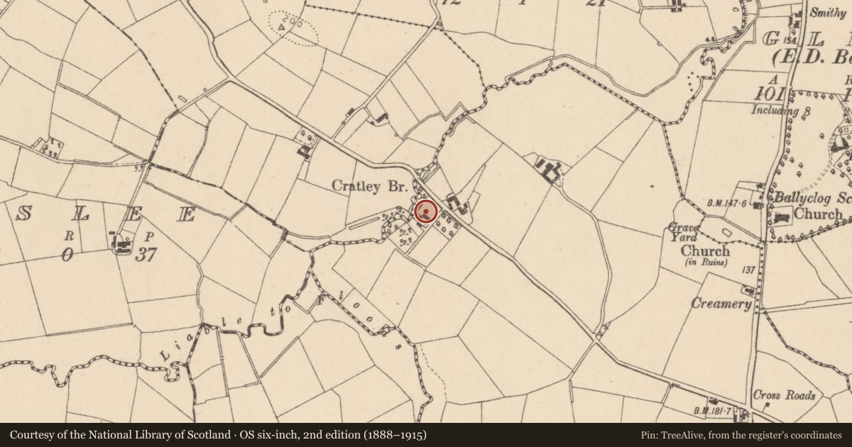 Ordnance Survey six-inch map, 2nd edition (1888–1915) covering the location of 16 Soarn Road, Curglassan, Cookstown, BT80 8SS, Mid Ulster, with a pin at the register's coordinates