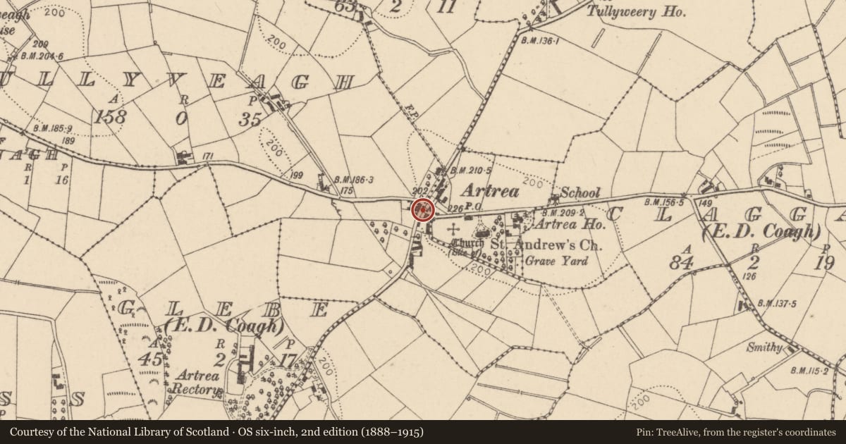 Ordnance Survey six-inch map, 2nd edition (1888–1915) covering the location of Telephone kiosk at 69 Knockanroe Road, Artea, Cookstown, Tullyveagh, Mid Ulster, with a pin at the register's coordinates