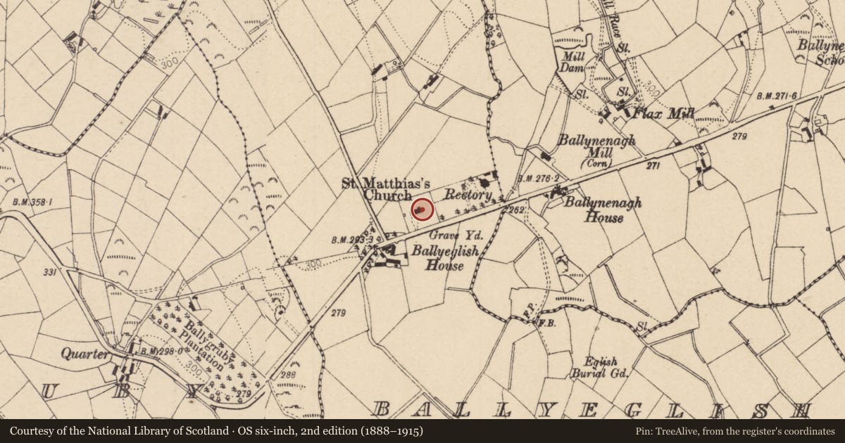 Ordnance Survey six-inch map, 2nd edition (1888–1915) covering the location of St Matthias Church of Ireland Church, Ballyeglish, Mid Ulster, with a pin at the register's coordinates