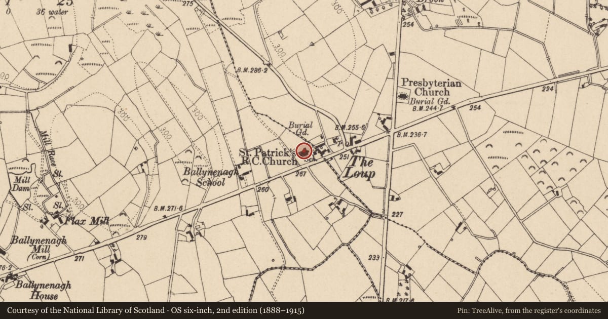 Ordnance Survey six-inch map, 2nd edition (1888–1915) covering the location of St Patrick's Roman Catholic Church, Ballymulligan, Mid Ulster, with a pin at the register's coordinates