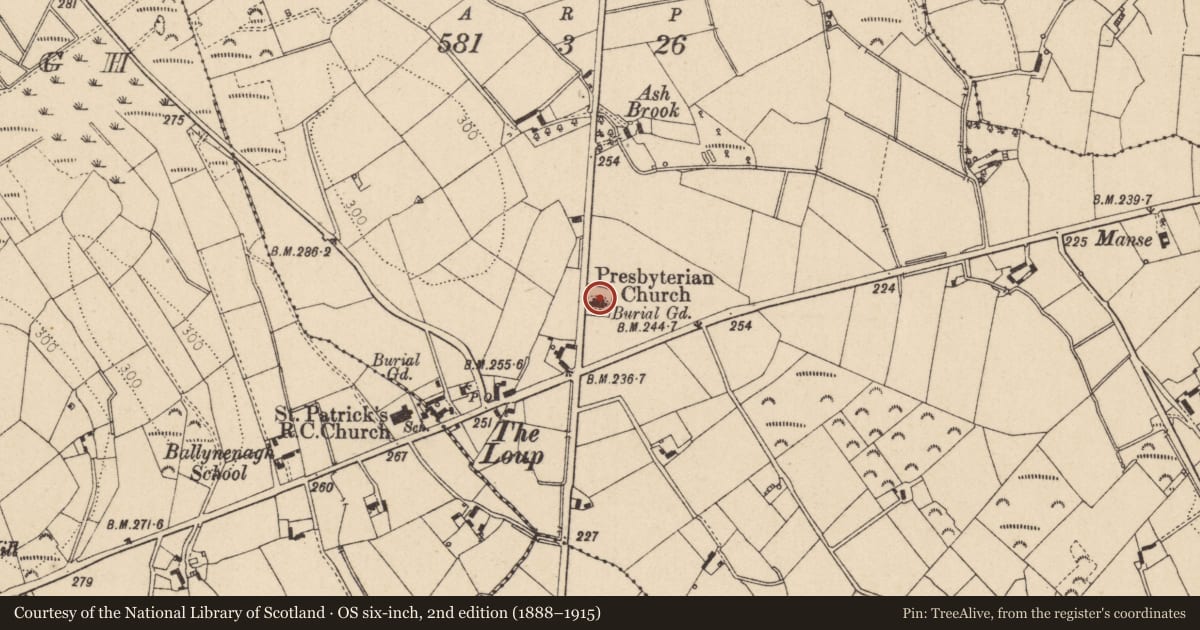Ordnance Survey six-inch map, 2nd edition (1888–1915) covering the location of Saltersland Presbyterian Church, 60 Ballymulligan Road, Moneymore, Magherafelt, Co Londonderry, Mid Ulster, with a pin at the register's coordinates