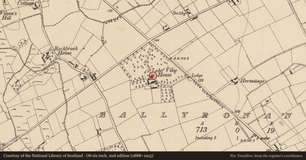 Ordnance Survey six-inch map, 2nd edition (1888–1915) covering the location of Lake View House, Ballyronan More, Mid Ulster, with a pin at the register's coordinates