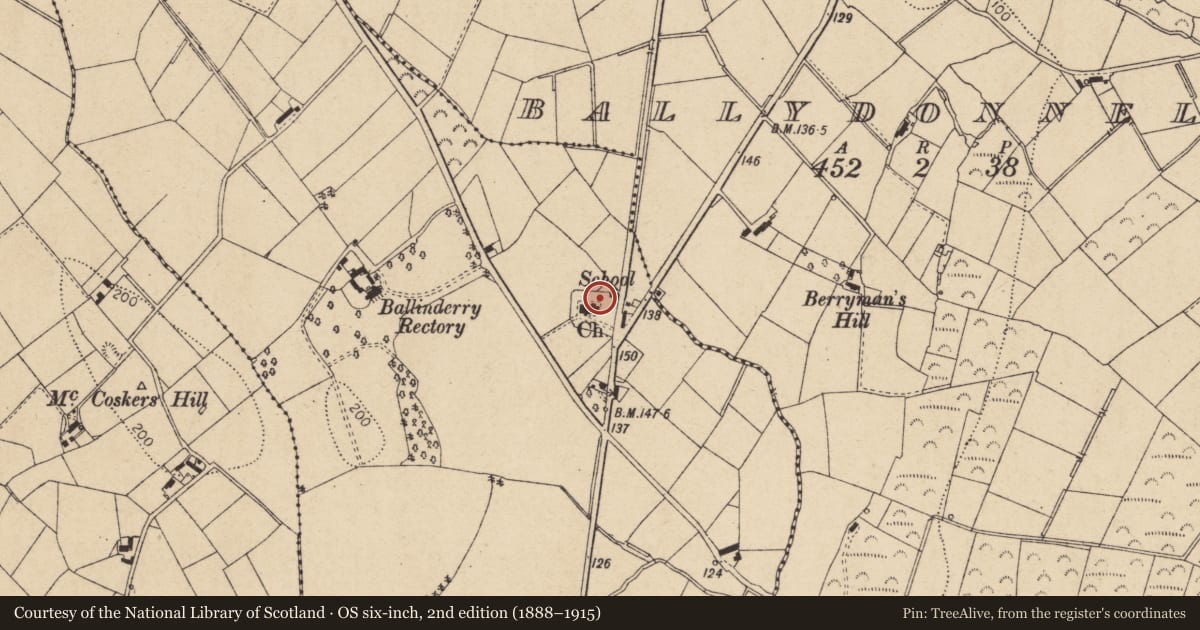 Ordnance Survey six-inch map, 2nd edition (1888–1915) covering the location of St John's Church of Ireland, Killymuck, Mid Ulster, with a pin at the register's coordinates