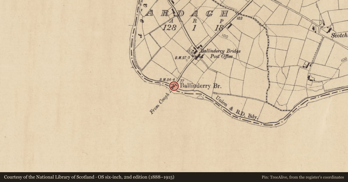 Ordnance Survey six-inch map, 2nd edition (1888–1915) covering the location of Bridge over Ballinderry River, Ardagh/Derrycrin (Eglish), Mid Ulster, with a pin at the register's coordinates