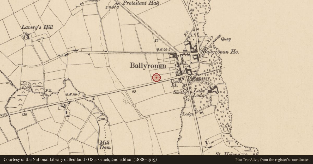 Ordnance Survey six-inch map, 2nd edition (1888–1915) covering the location of 15 and 17 Ballyneill Road, Ballyronan More, Mid Ulster, with a pin at the register's coordinates