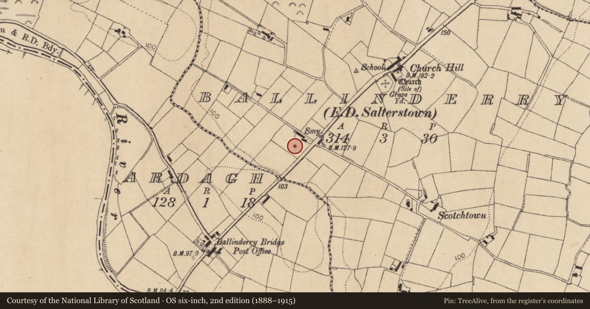Ordnance Survey six-inch map, 2nd edition (1888–1915) covering the location of AOH Hall, 106 Ballinderry Bridge Road, Ballinderry, BT80 0XA, Ballymoyle, Mid Ulster, with a pin at the register's coordinates