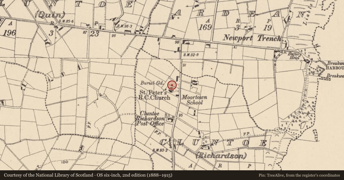 Ordnance Survey six-inch map, 2nd edition (1888–1915) covering the location of St Peter's Roman Catholic Church, 13 Ardboe Road, Cookstown, BT80 0HT, Cluntoe (Richardson), Mid Ulster, with a pin at the register's coordinates