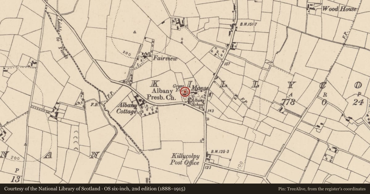 Ordnance Survey six-inch map, 2nd edition (1888–1915) covering the location of Albany Presbyterian Church, 5 Albany Road, Killycolpy, Dungannon, Co Tyrone, Mid Ulster, with a pin at the register's coordinates