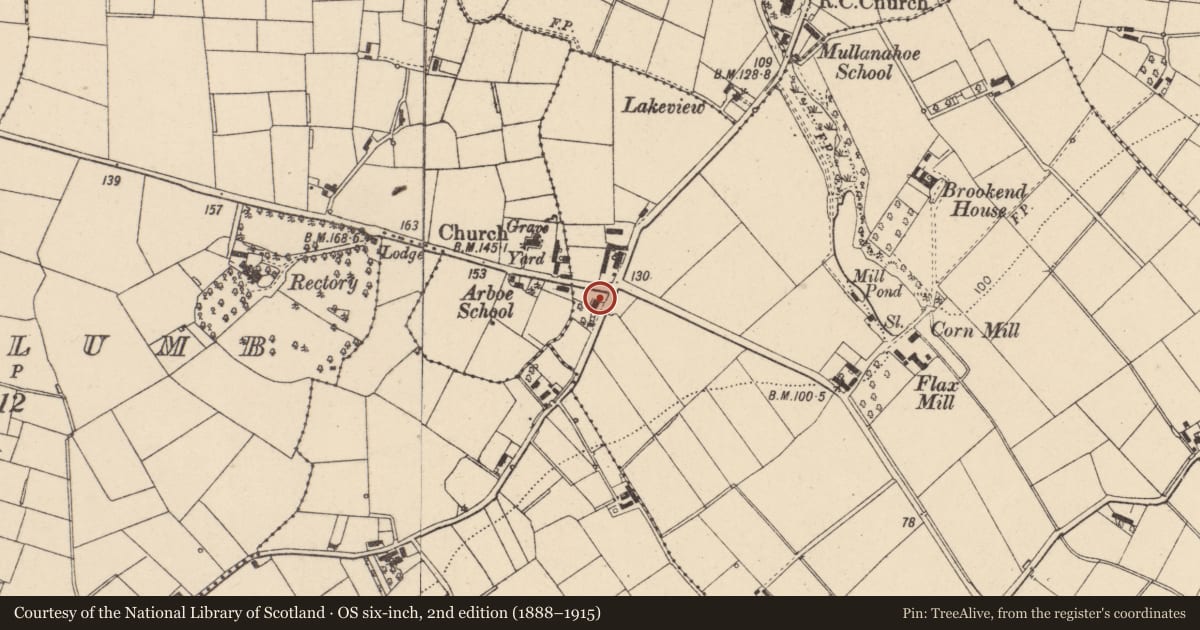 Ordnance Survey six-inch map, 2nd edition (1888–1915) covering the location of 54 Mullanahoe Road, Dungannon, Co Tyrone, BT71 5AT, Brookend, Mid Ulster, with a pin at the register's coordinates