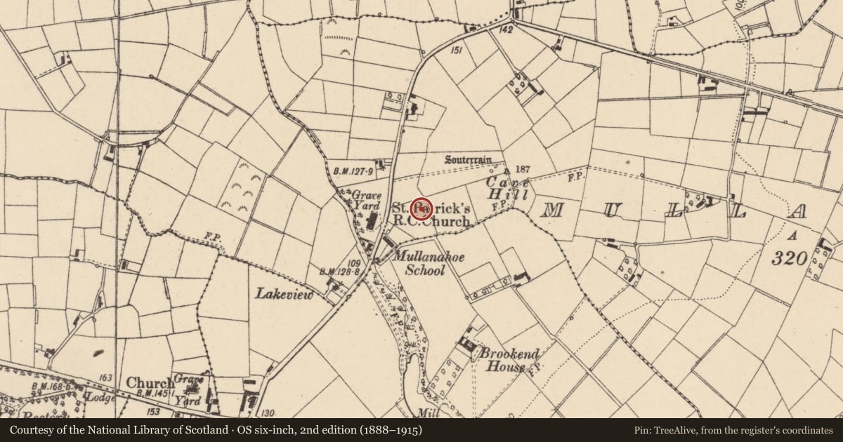 Ordnance Survey six-inch map, 2nd edition (1888–1915) covering the location of St Patrick's RC Ch, 82 Mullanahoe Road, BT71 5AU, Mid Ulster, with a pin at the register's coordinates