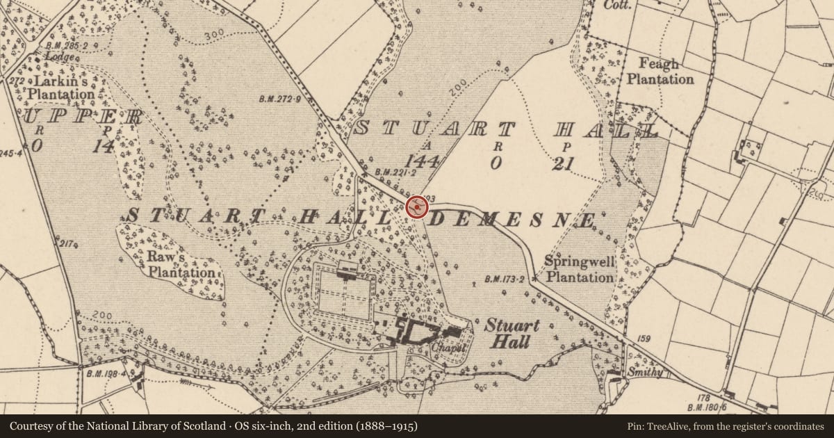 Ordnance Survey six-inch map, 2nd edition (1888–1915) covering the location of Gate Screen, Stuart Hall, Mid Ulster, with a pin at the register's coordinates