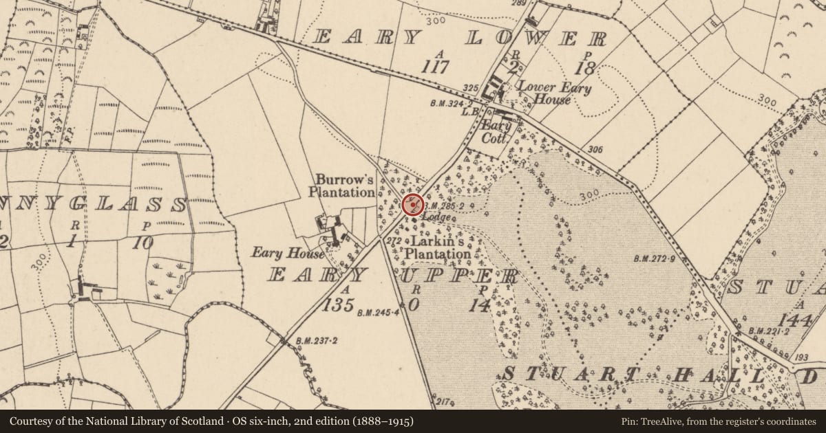 Ordnance Survey six-inch map, 2nd edition (1888–1915) covering the location of Gates/Screens/Lodges, Stuart Hall, Mid Ulster, with a pin at the register's coordinates