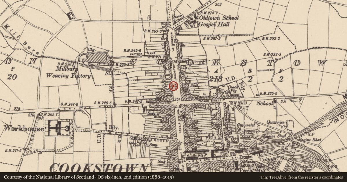 Ordnance Survey six-inch map, 2nd edition (1888–1915) covering the location of 16/18 Oldtown Street, Cookstown, Co Tyrone, BT80 8EF, Mid Ulster, with a pin at the register's coordinates