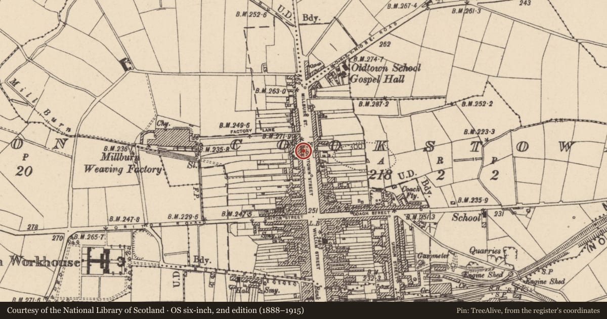 Ordnance Survey six-inch map, 2nd edition (1888–1915) covering the location of 52 Oldtown Street, Cookstown, Co Tyrone, BT80 8EF, Mid Ulster, with a pin at the register's coordinates