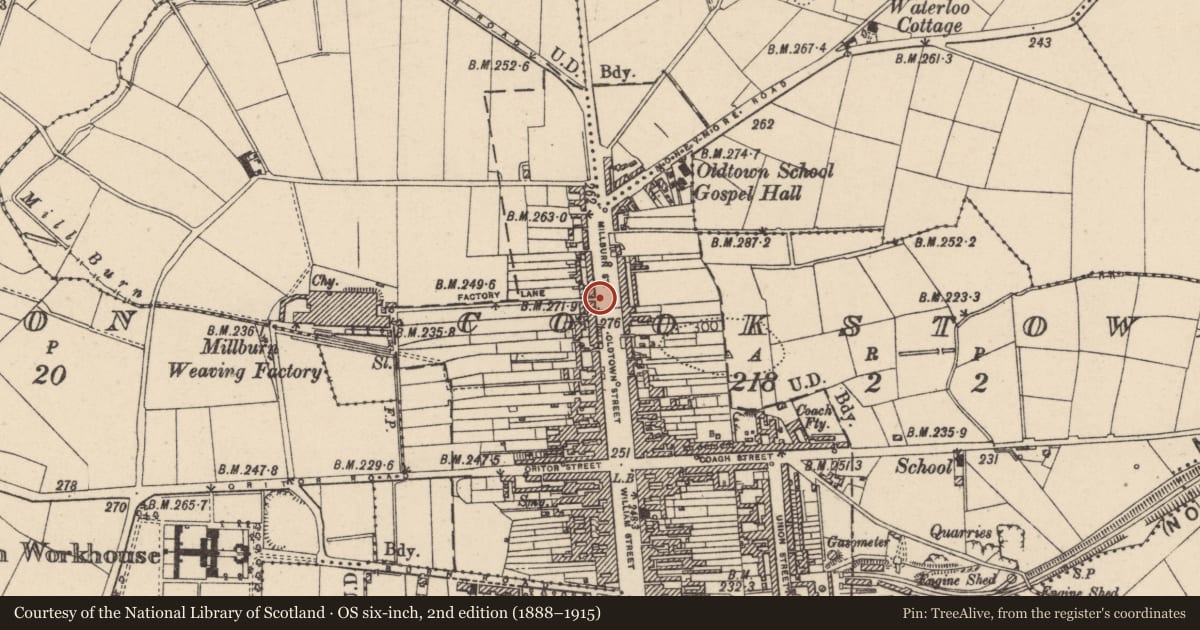 Ordnance Survey six-inch map, 2nd edition (1888–1915) covering the location of 68/74 Oldtown Street, Cookstown, Co Tyrone, BT80 8EF, Mid Ulster, with a pin at the register's coordinates