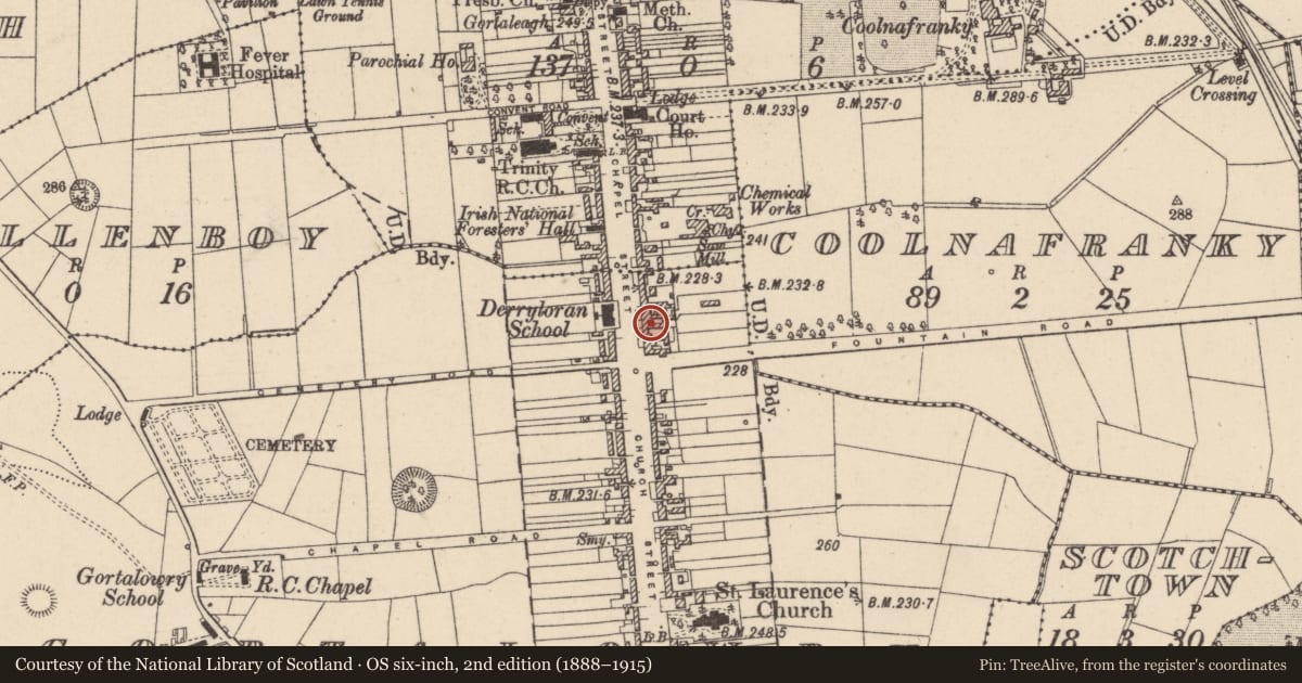 Ordnance Survey six-inch map, 2nd edition (1888–1915) covering the location of Glenlowry House, Gortalowry, Mid Ulster, with a pin at the register's coordinates