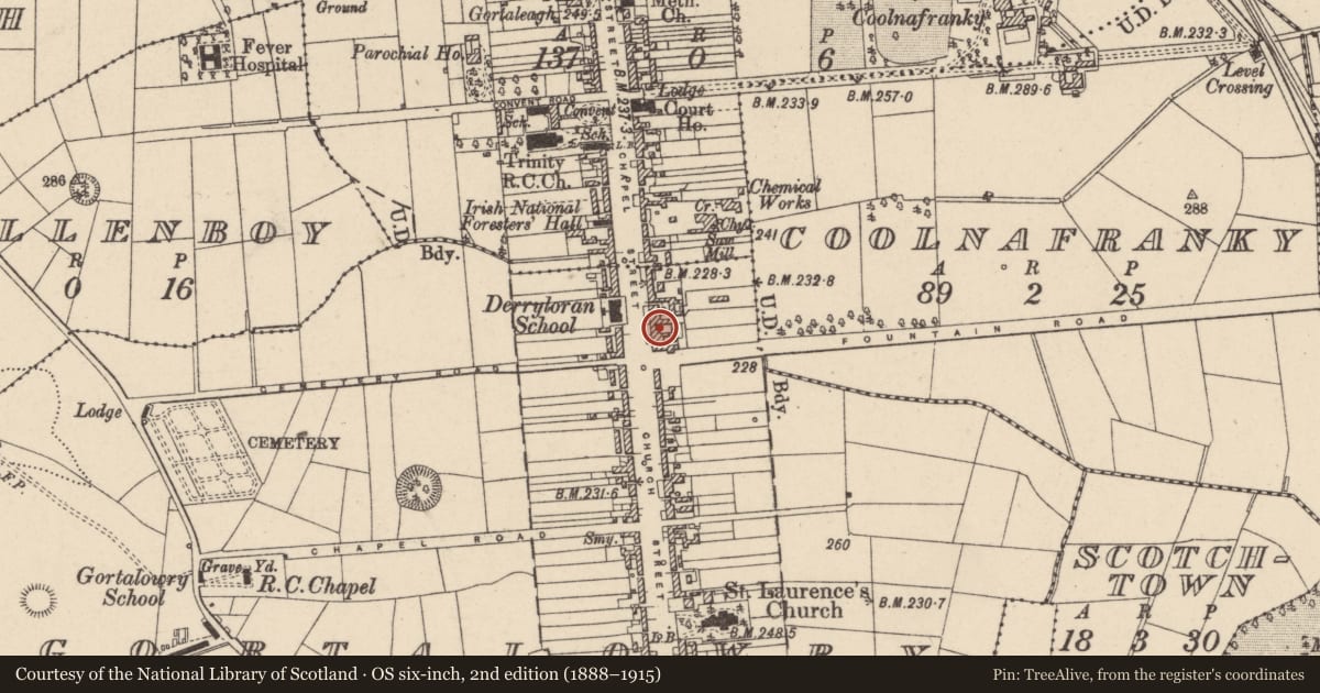 Ordnance Survey six-inch map, 2nd edition (1888–1915) covering the location of 86 Chapel Street, Mid Ulster, with a pin at the register's coordinates