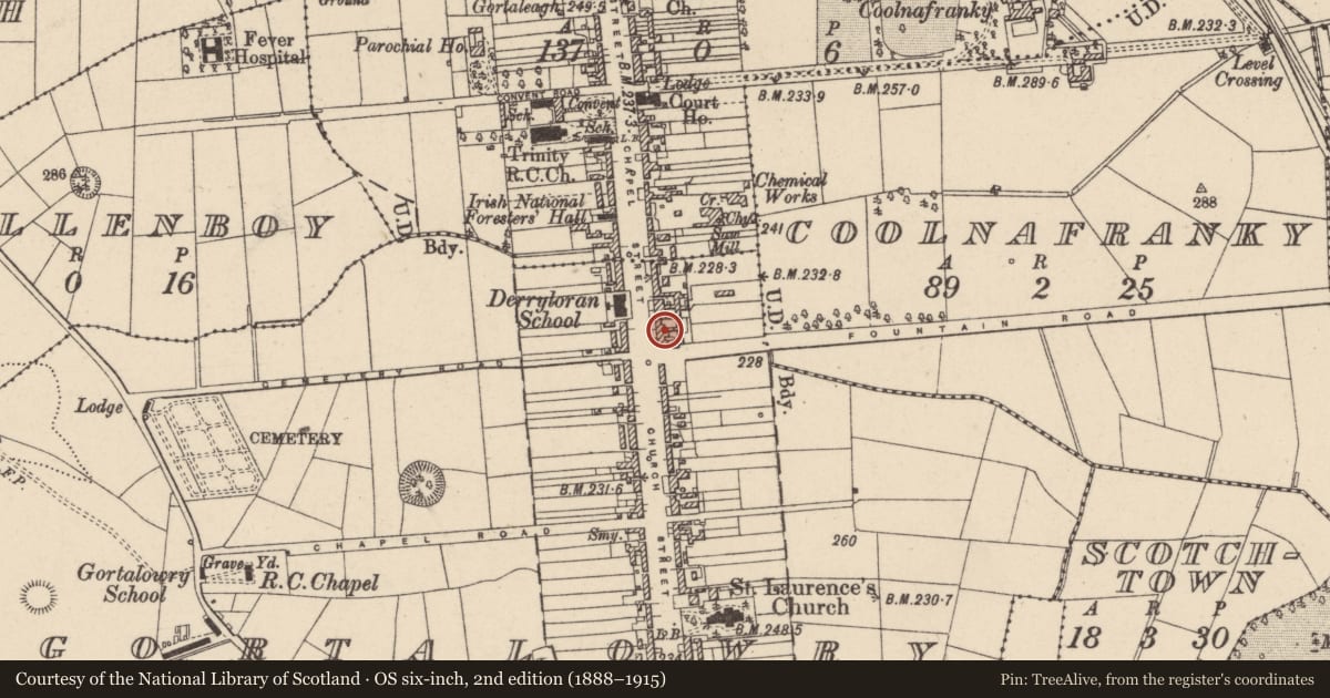 Ordnance Survey six-inch map, 2nd edition (1888–1915) covering the location of 88 Chapel Street, Mid Ulster, with a pin at the register's coordinates