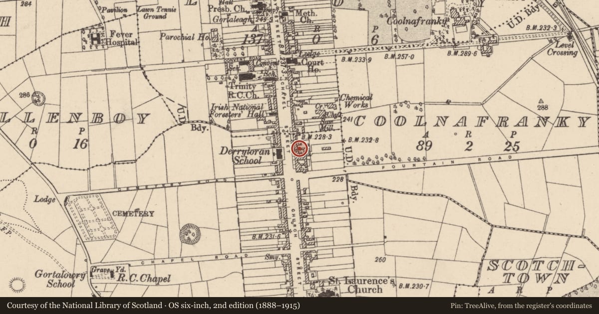Ordnance Survey six-inch map, 2nd edition (1888–1915) covering the location of Loy House, Gortalowry, Mid Ulster, with a pin at the register's coordinates