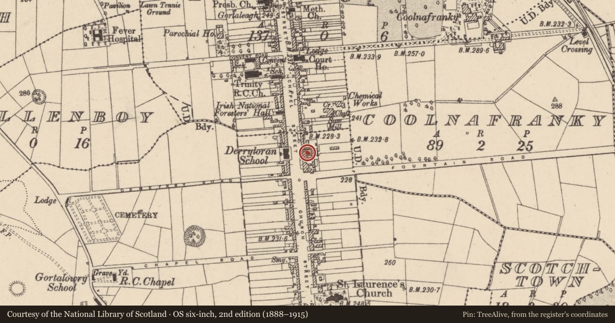 Ordnance Survey six-inch map, 2nd edition (1888–1915) covering the location of Loy House, Gortalowry, Mid Ulster, with a pin at the register's coordinates