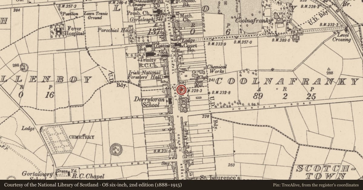 Ordnance Survey six-inch map, 2nd edition (1888–1915) covering the location of 70 Chapel Street, Mid Ulster, with a pin at the register's coordinates