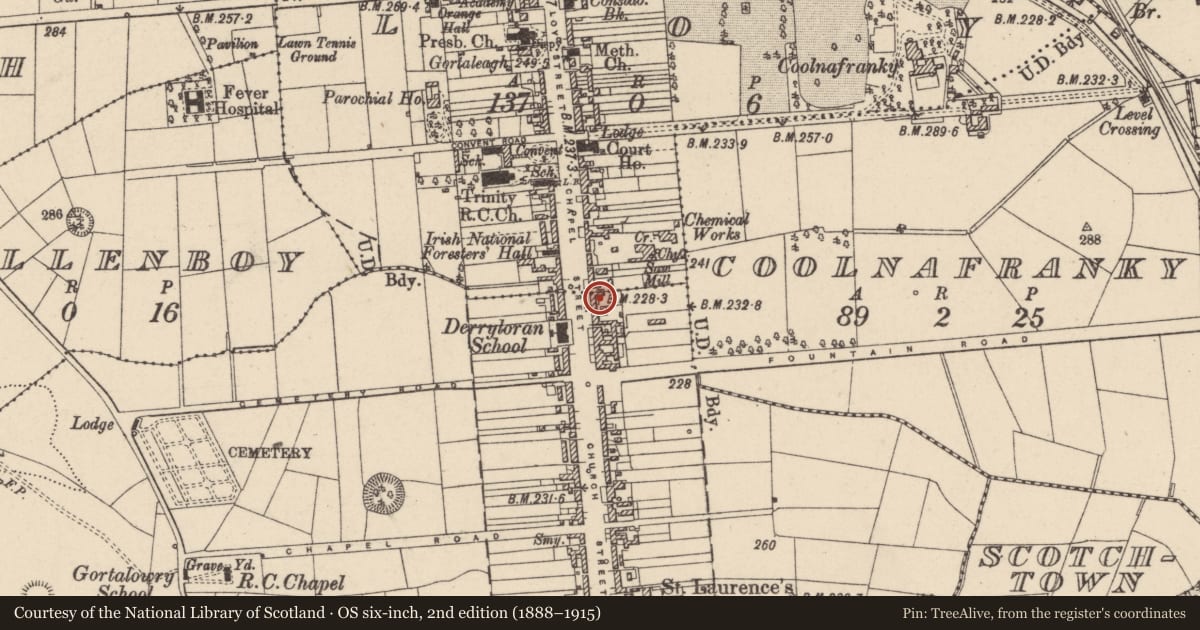 Ordnance Survey six-inch map, 2nd edition (1888–1915) covering the location of 72 Chapel Street, Mid Ulster, with a pin at the register's coordinates