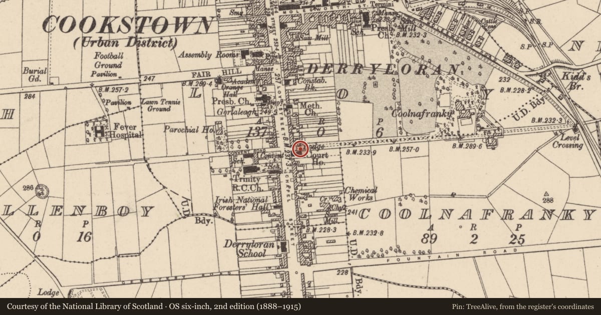 Ordnance Survey six-inch map, 2nd edition (1888–1915) covering the location of Court House, Loy, Mid Ulster, with a pin at the register's coordinates