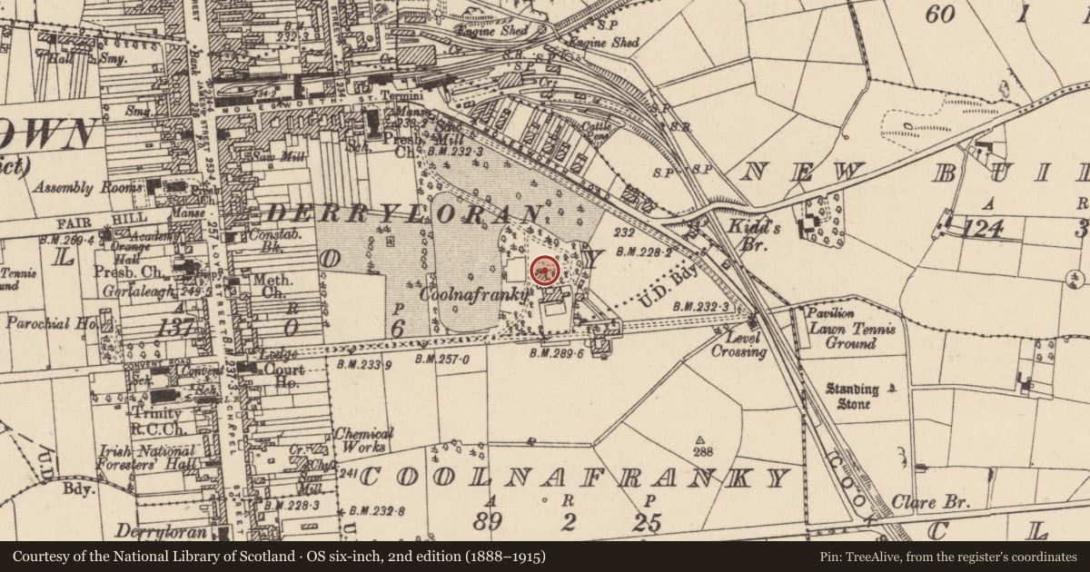 Ordnance Survey six-inch map, 2nd edition (1888–1915) covering the location of Coolnafranky House, Loy, Mid Ulster, with a pin at the register's coordinates