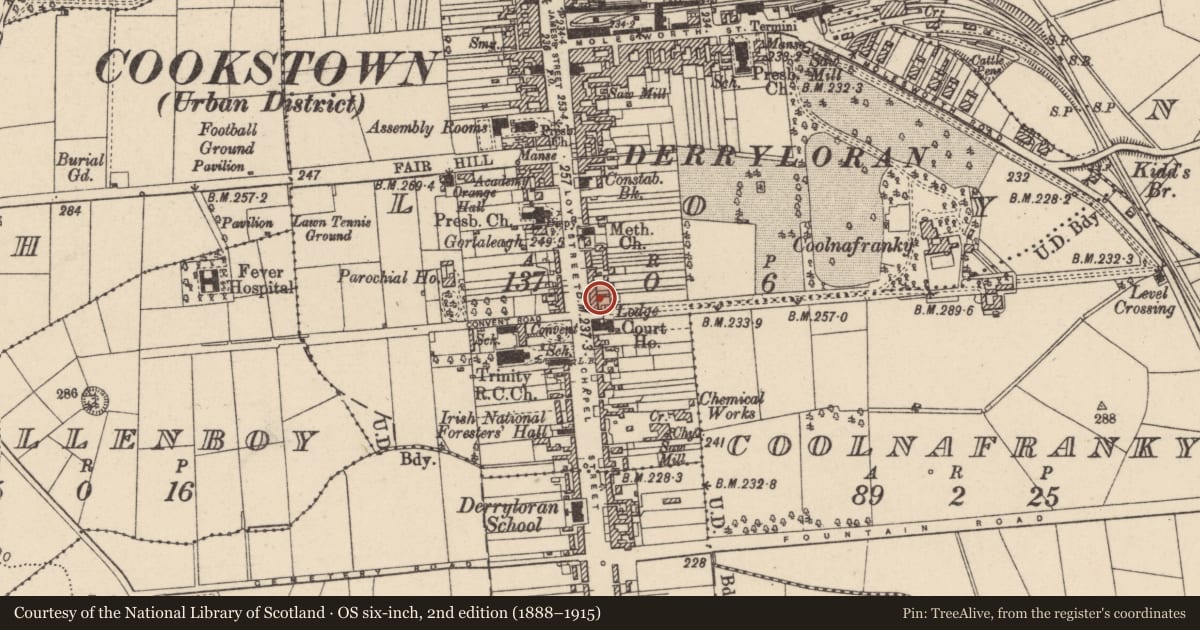 Ordnance Survey six-inch map, 2nd edition (1888–1915) covering the location of 56-58 Loy Street, Mid Ulster, with a pin at the register's coordinates