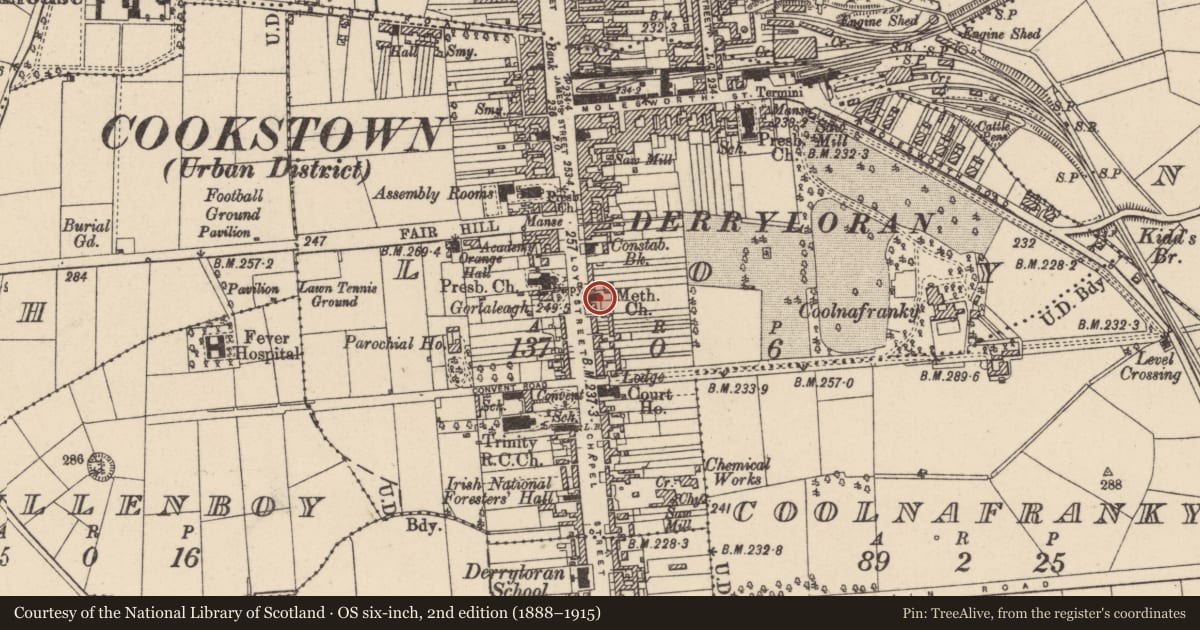 Ordnance Survey six-inch map, 2nd edition (1888–1915) covering the location of Methodist Manse, Loy, Mid Ulster, with a pin at the register's coordinates