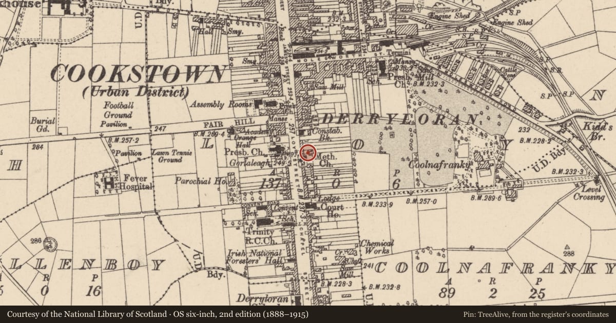 Ordnance Survey six-inch map, 2nd edition (1888–1915) covering the location of Methodist Church, Loy, Mid Ulster, with a pin at the register's coordinates