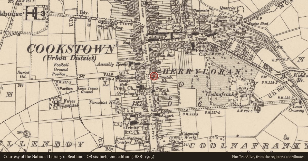 Ordnance Survey six-inch map, 2nd edition (1888–1915) covering the location of 6 Loy Street, Mid Ulster, with a pin at the register's coordinates