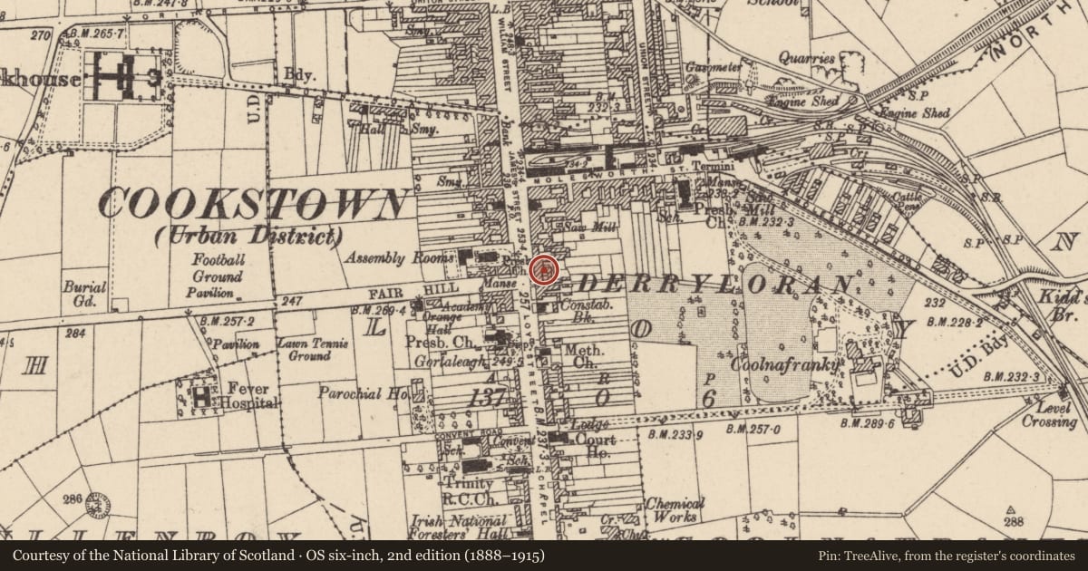 Ordnance Survey six-inch map, 2nd edition (1888–1915) covering the location of 68 James Street, Loy, Mid Ulster, with a pin at the register's coordinates