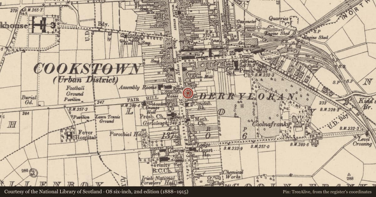 Ordnance Survey six-inch map, 2nd edition (1888–1915) covering the location of 70 James Street, Loy, Mid Ulster, with a pin at the register's coordinates