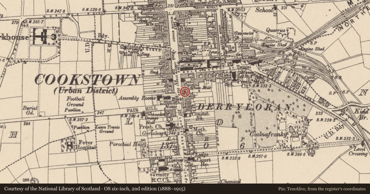 Ordnance Survey six-inch map, 2nd edition (1888–1915) covering the location of 54 James Street, Loy, Mid Ulster, with a pin at the register's coordinates