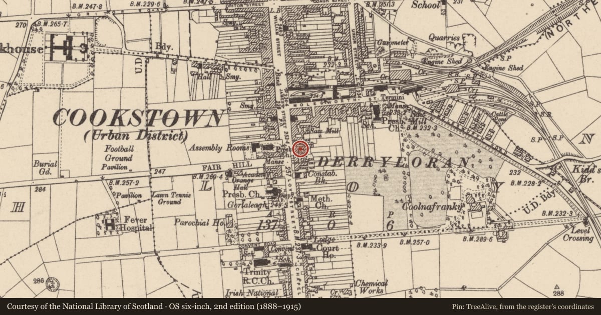 Ordnance Survey six-inch map, 2nd edition (1888–1915) covering the location of 64 James Street, Loy, Mid Ulster, with a pin at the register's coordinates