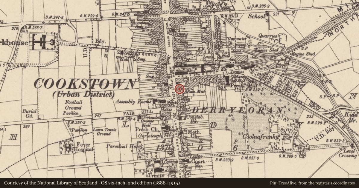 Ordnance Survey six-inch map, 2nd edition (1888–1915) covering the location of 46 James Street, Loy, Mid Ulster, with a pin at the register's coordinates